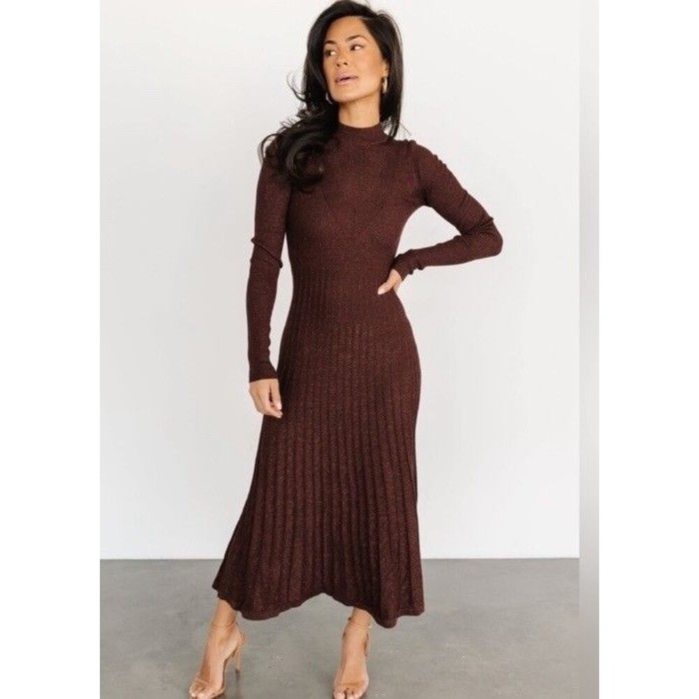 Baltic Born  Jamelia Metallic Knit Mock Neck Sweater Dress Brown Gold Size M